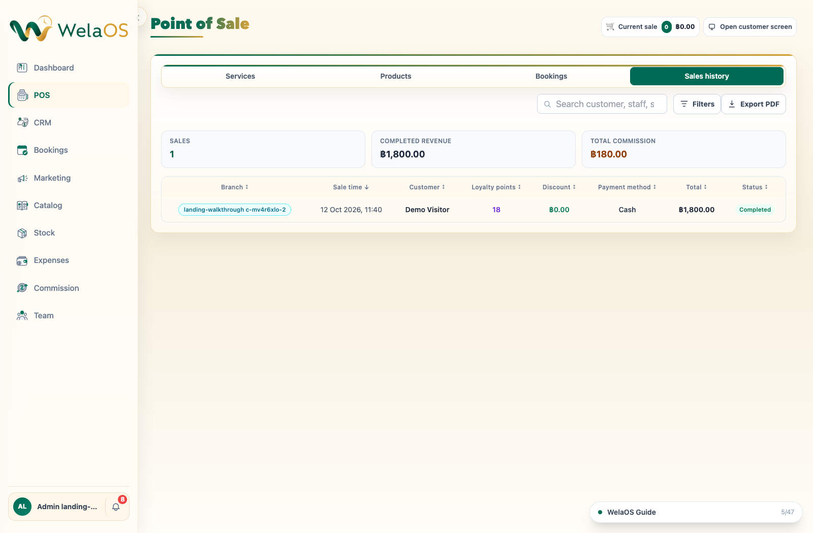 WelaOS POS sales history showing a completed sale, customer loyalty points and commission