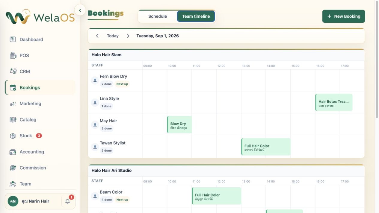 Team timeline showing bookings arranged across staff schedules
